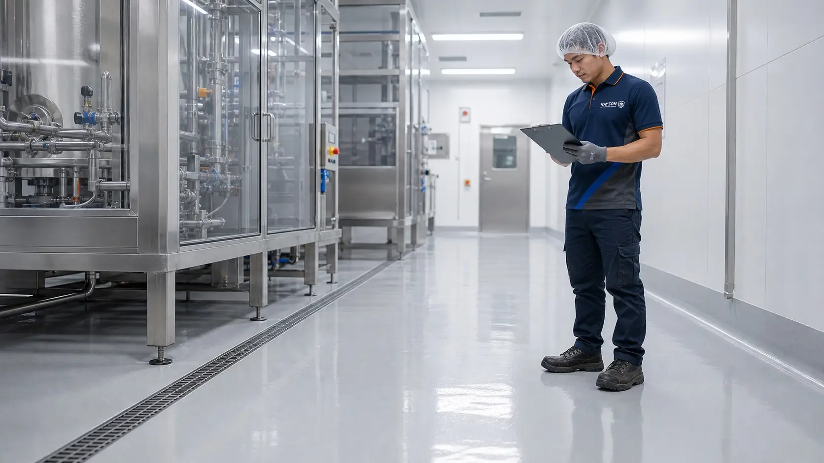 Seamless grey Rayson floor in a clean food and beverage processing facility