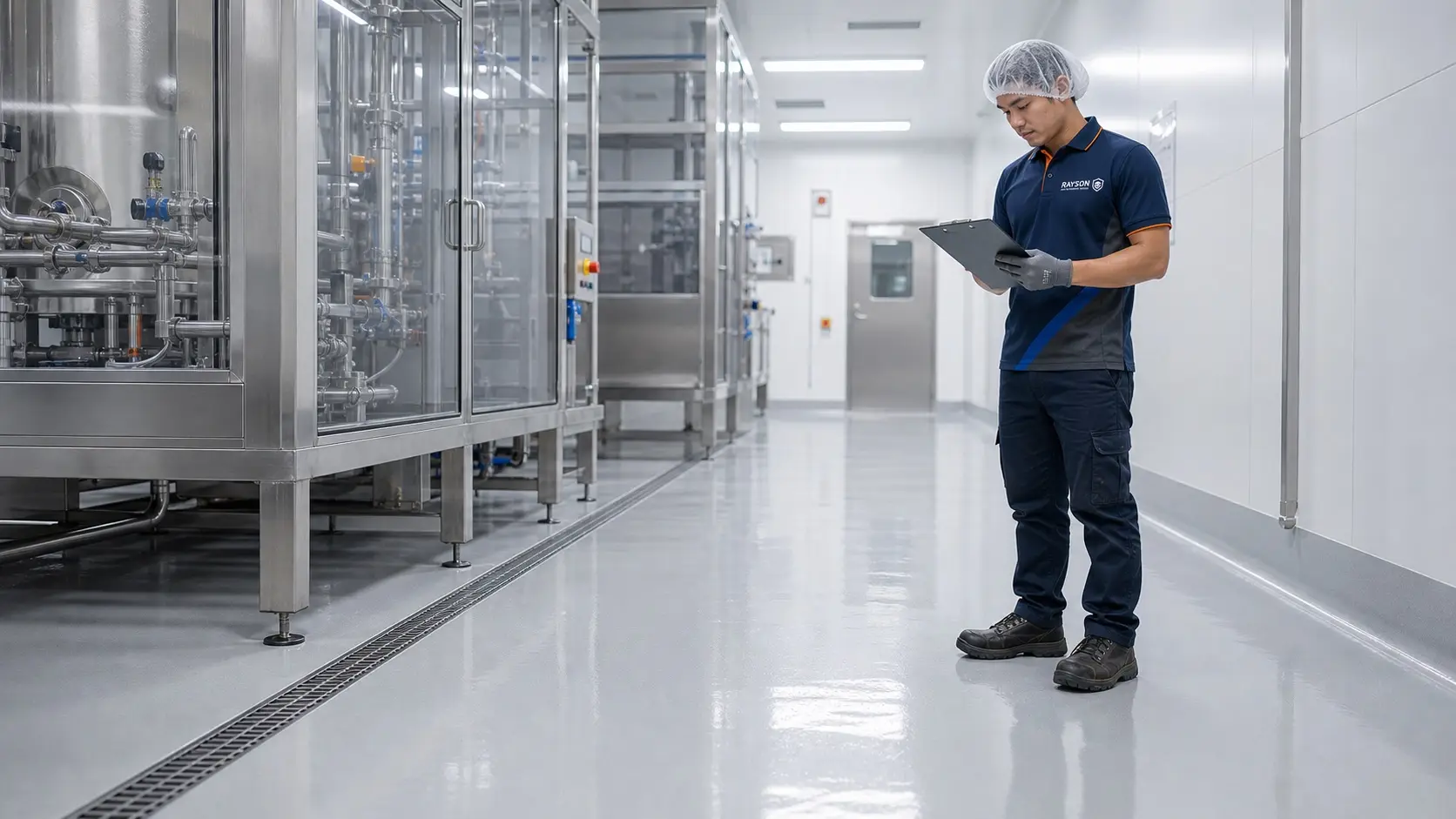 Seamless grey Rayson floor in a clean food and beverage processing facility