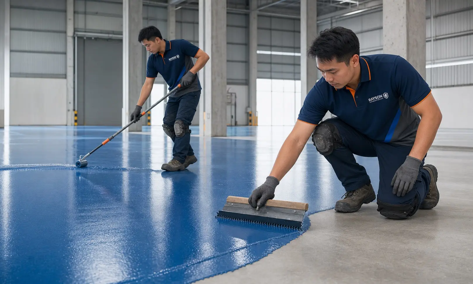 Rayson SiteForce technicians applying a blue resin coating on a warehouse floor