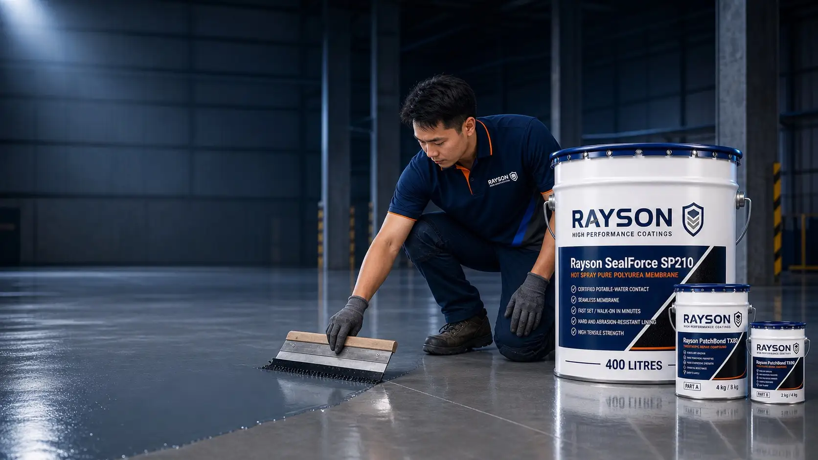Rayson technician applying a high-performance floor coating in a Singapore warehouse, beside Rayson SealForce and PatchBond pails