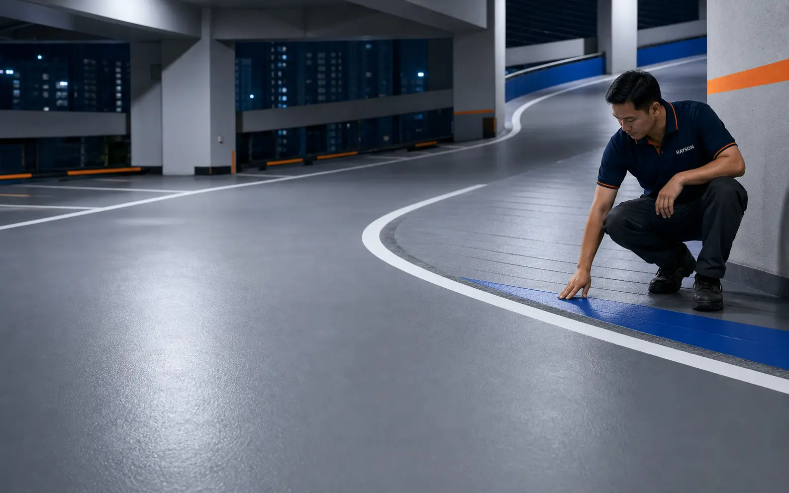 Rayson SiteForce technician inspecting a coated car park ramp with anti-slip floor finish