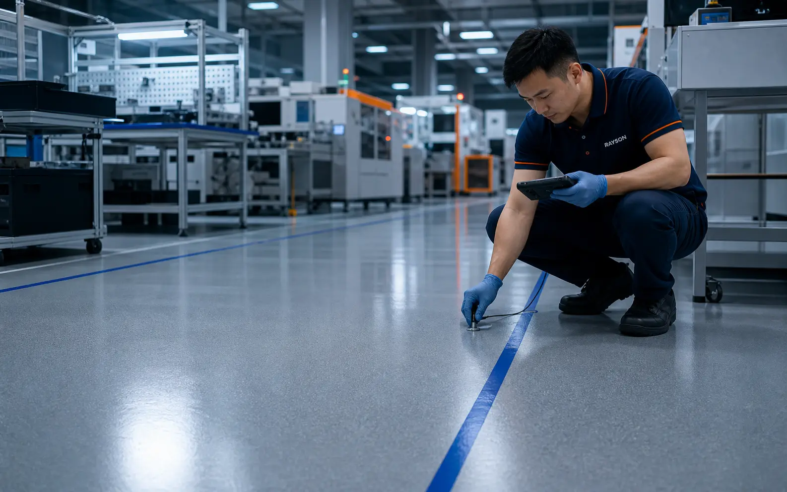 Rayson technical specialist testing a seamless ESD floor in an electronics manufacturing facility
