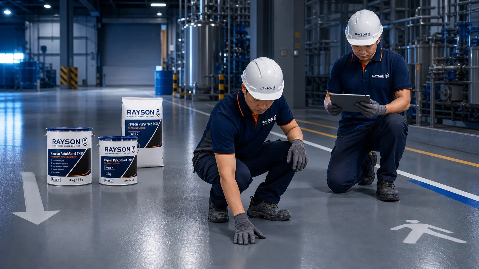 Rayson SiteForce specialists inspecting a polished industrial coating floor with branded Rayson product systems
