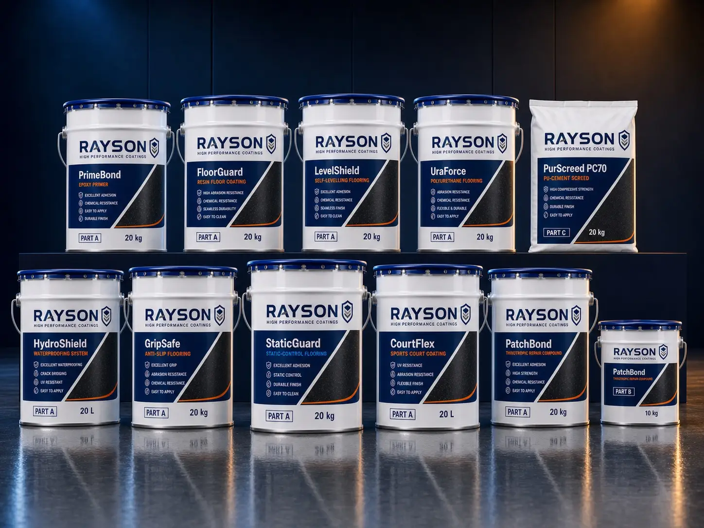 Rayson product range — PrimeBond, LevelShield, UraForce, PurScreed, HydroShield, GripSafe, StaticGuard, CourtFlex and PatchBond pails on a polished coated floor