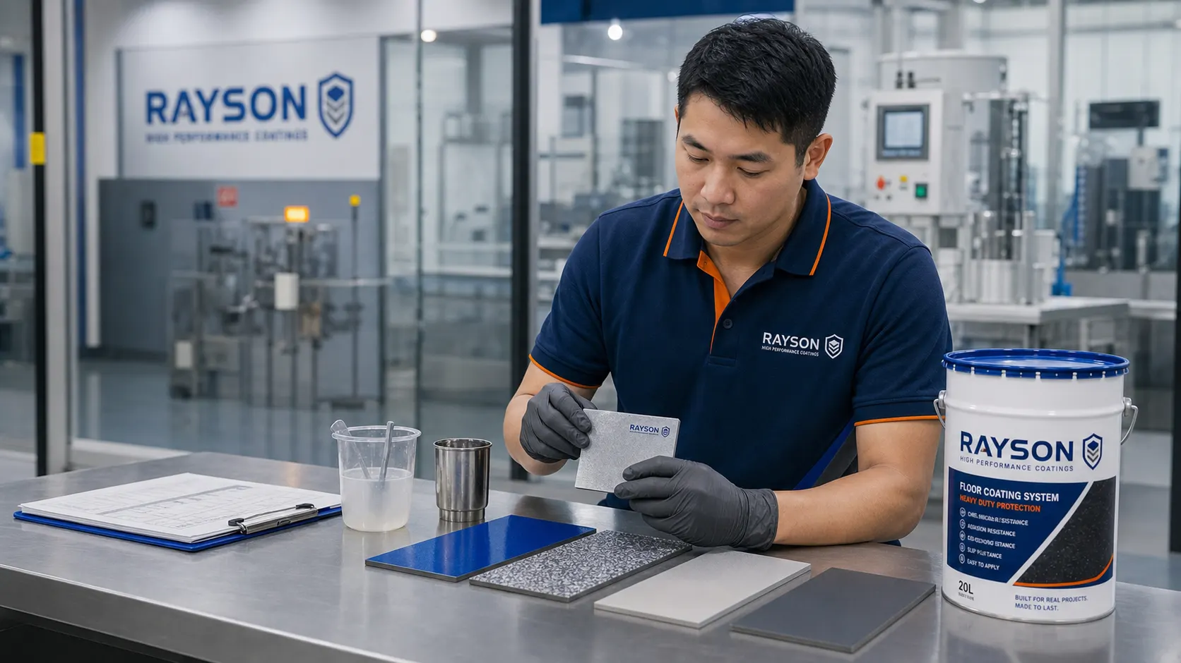 Rayson quality-control technician checking coating samples in a Singapore production lab