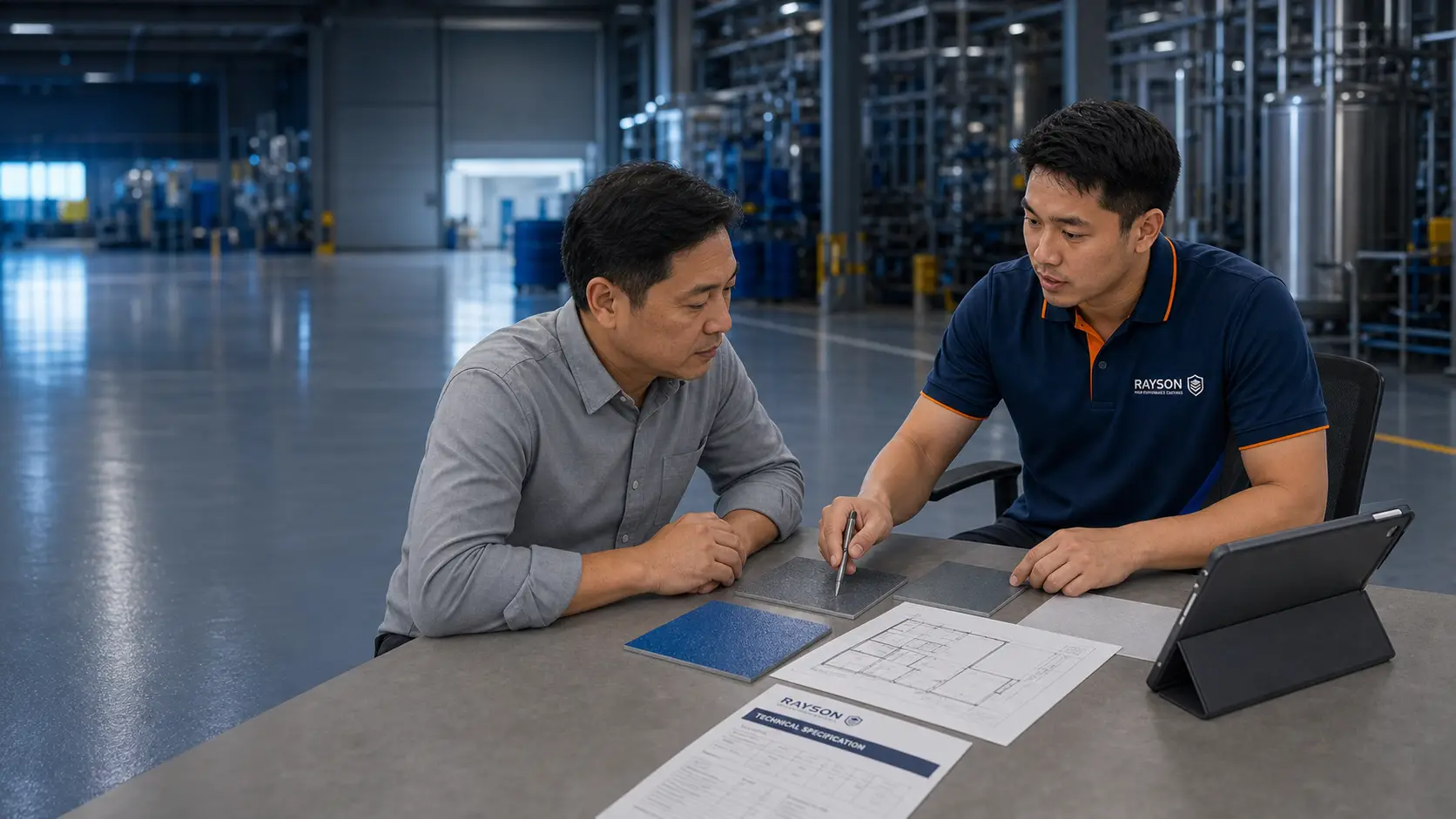 Rayson technical specialist reviewing coated sample panels, floor plans and coating specifications with a client